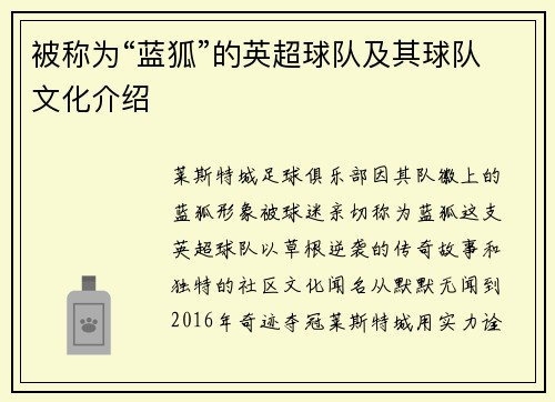 被称为“蓝狐”的英超球队及其球队文化介绍