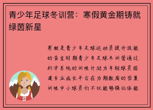 青少年足球冬训营：寒假黄金期铸就绿茵新星