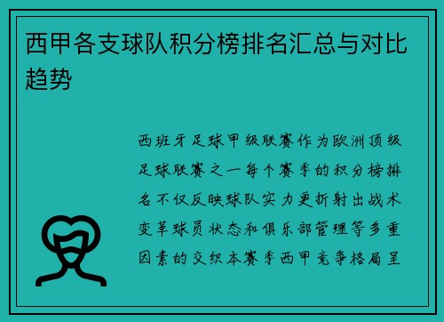 西甲各支球队积分榜排名汇总与对比趋势